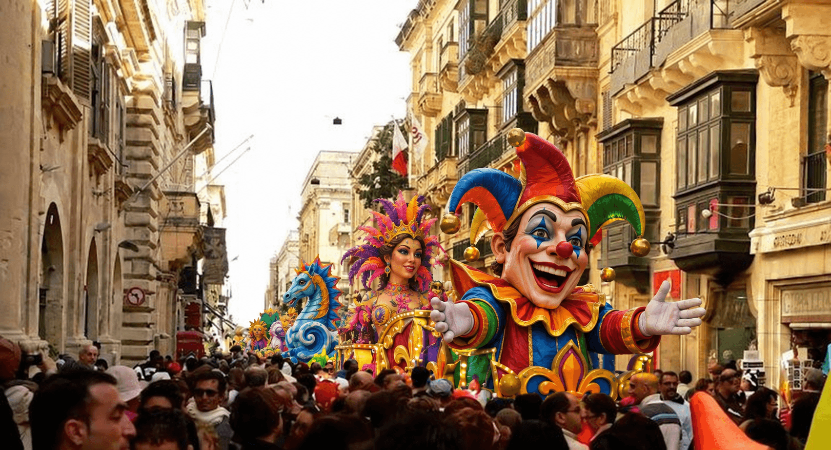 Colourful carnival floats and large costumed figures moving through a crowded street in Valletta during Malta Carnival.