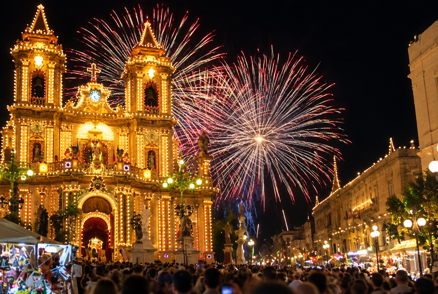 St Lucy feast celebrations in Malta, with the church illuminated by traditional festa lights and fireworks filling the night sky.