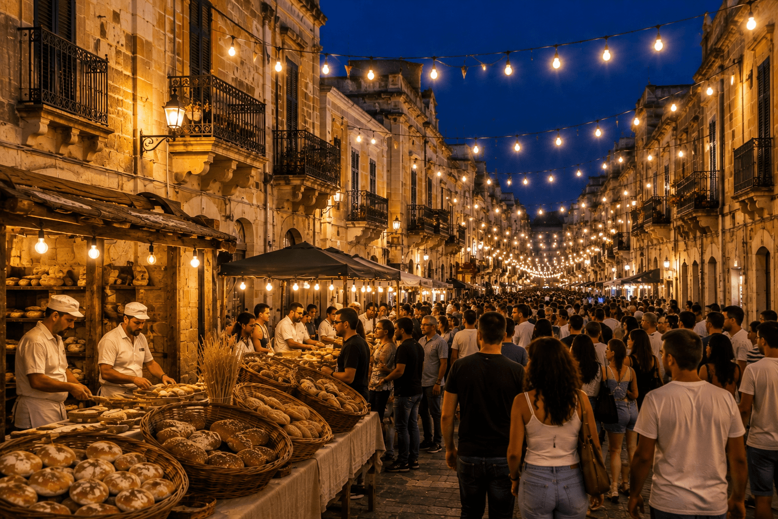 Evening bread festival in Qormi with traditional Maltese bread stalls, illuminated limestone streets and crowds.