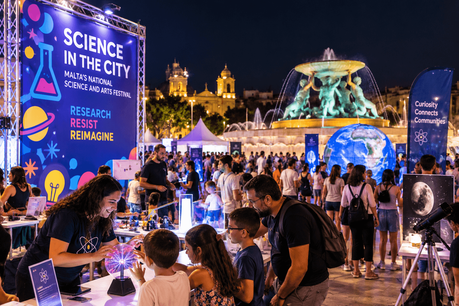 Visitors exploring interactive science activities during Science in the City at Triton Fountain in Valletta.
